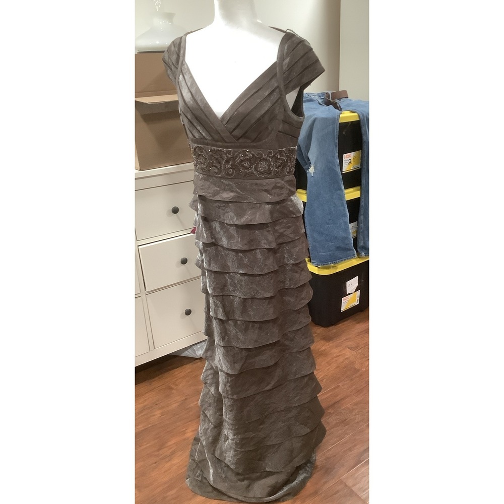 Adrianna Papell Long Formal Dress Brown Shimmering Multi Layered Beaded Wt S12 - Picture 2 of 11